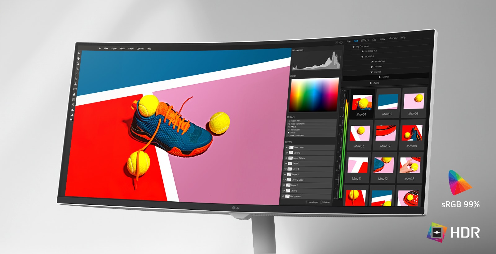 Monitor zobrazujúci rozhranie na úpravu fotografií s farebným obrázkom tenisky a tenisovej loptičky, zvýrazňujúc presnosť farieb sRGB 99% a HDR.	
