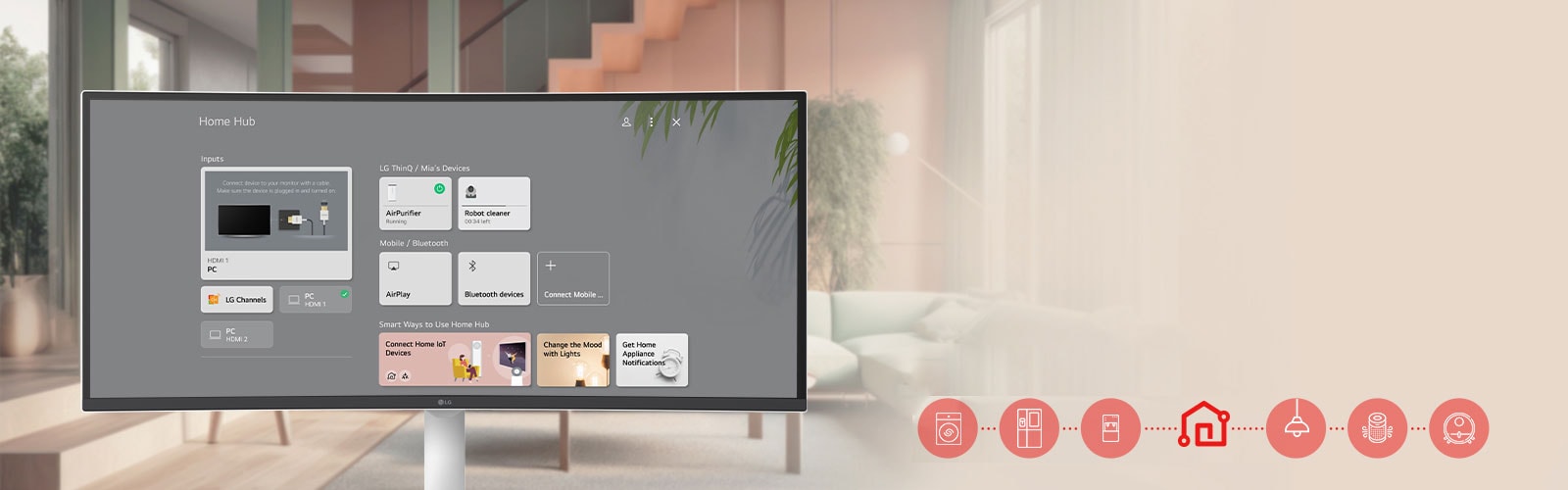 Obrazovka monitora LG Smart Monitor zobrazuje rozhranie ThinQ Home Dashboard.