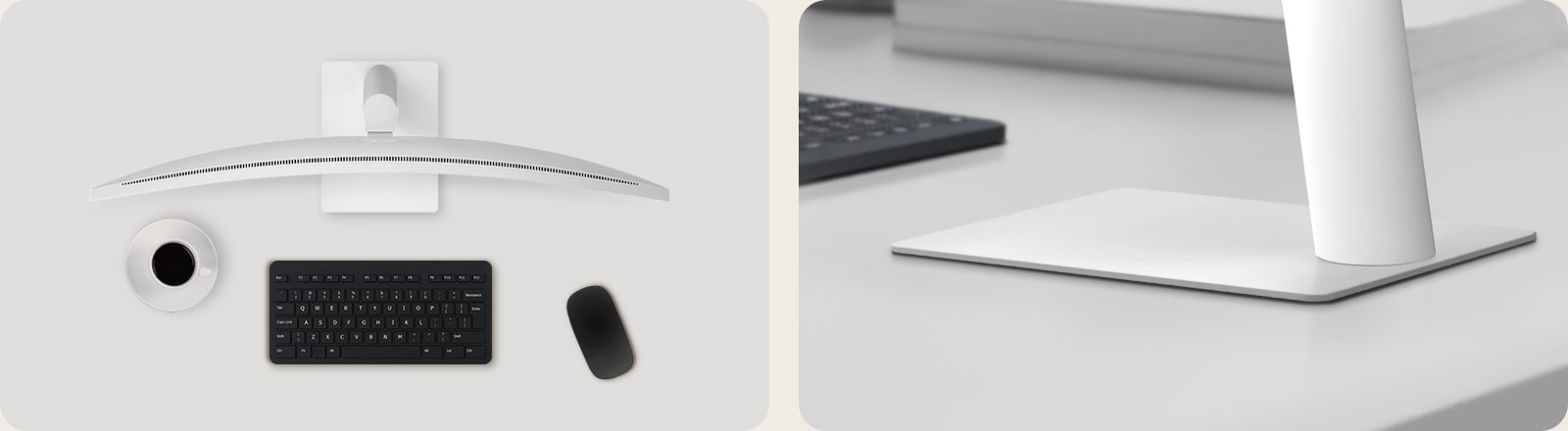 Pohľad zhora a záber zblízka na zakrivený monitor na čistej zostave pracovného stola s bielym stojanom, čiernou klávesnicou, myšou a pohárom na kávu.