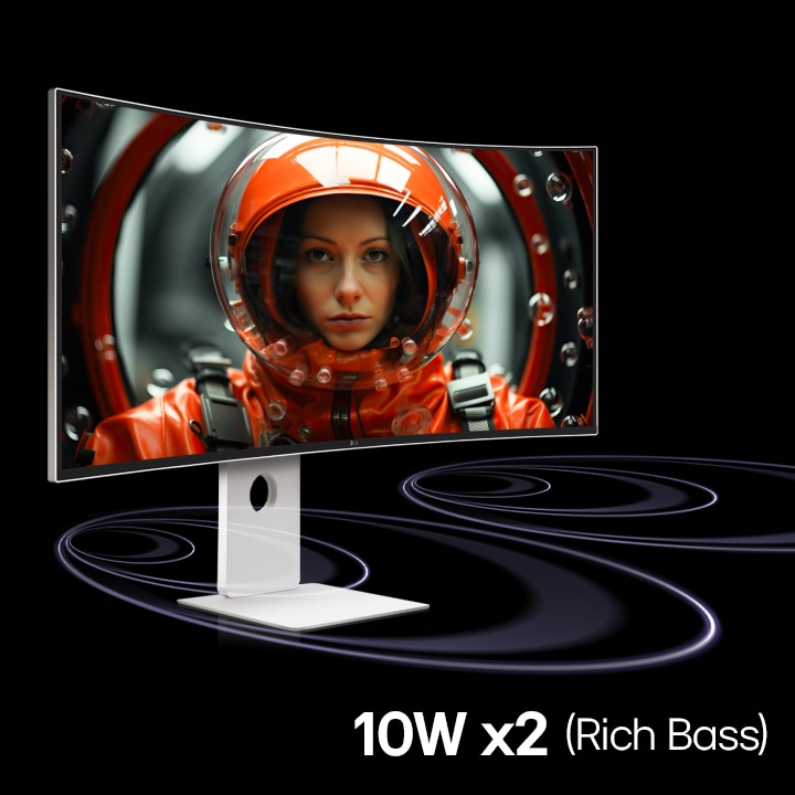 Monitor UltraFine umiestnený vo virtuálnom priestore. Zo spodnej časti monitora vychádzajú zvukové vlny a pohybujú sa dopredu. Na obrazovke sa zobrazuje žena v červenom skafandri smerujúca dopredu.