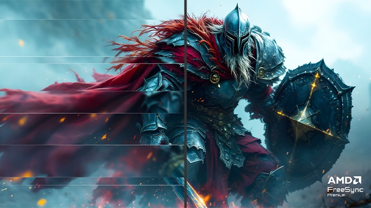 Statický obrázok z hrania hry, ktorý znázorňuje obrovského netvora v striebornom brnení a červenom plášti, ktorý drží štít.