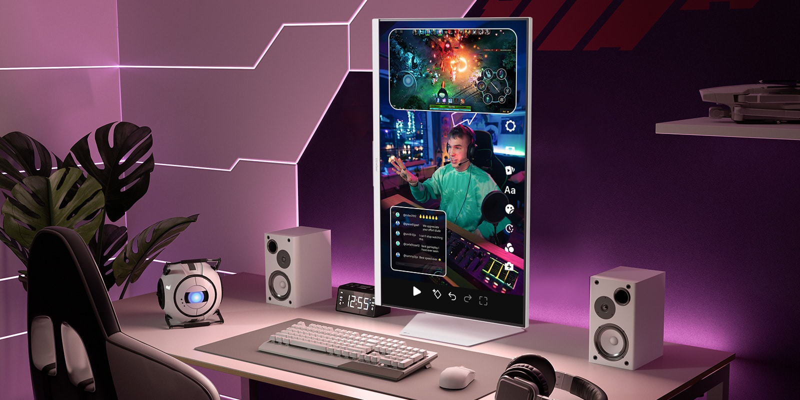 Otočný monitor s uhlom 90 stupňov, na ktorom sa zobrazujú streameri hrajúci hry.