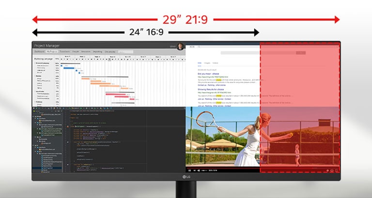 Ultraširokouhlý 29-palcový monitor LG prezentuje rozdiel medzi pomerom strán 21:9 a 16:9 s viacerými aplikáciami zobrazenými vedľa seba na účely multitaskingu.