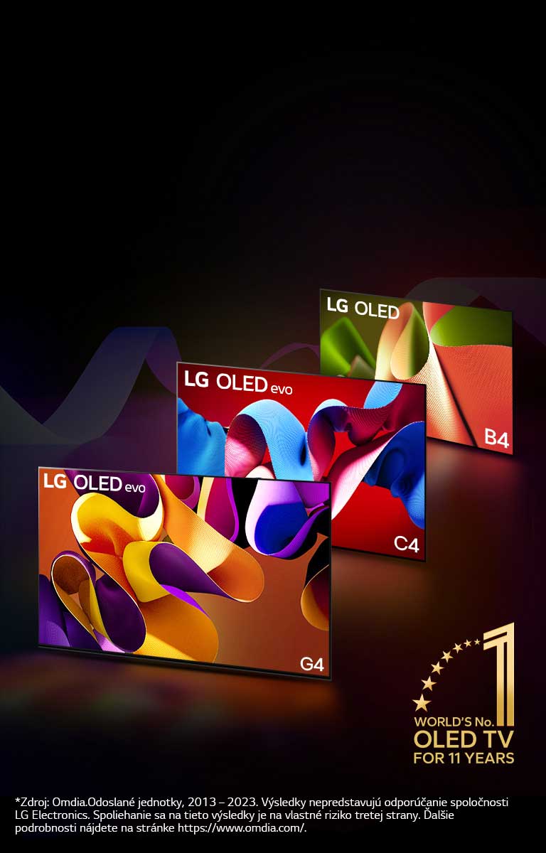 LG OLED evo TV C4, evo G4, a B4 stoja v rade na čiernom pozadí s jemnými farebnými vírmi. Na obrázku je emblém „Svetová jednotka medzi televízormi OLED TV už 11 rokov“.  Zobrazuje sa vyhlásenie: „Zdroj: Omdia.Odoslané jednotky, 2013 až 2023. Výsledky nepredstavujú odporúčanie spoločnosti LG Electronics. Spoliehanie sa na tieto výsledky je na vlastné riziko tretej strany. Ďalšie podrobnosti nájdete na stránke https://www.omdia.com/.“