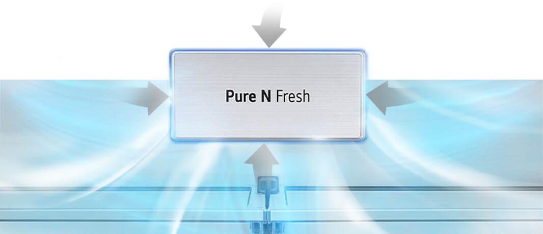 Zvýraznená filtrácia Pure N Fresh a šedá šípka, ktorá znamená zápach, sa nasaje do Pure N Fresh a čistý studený vzduch sa šíri von.