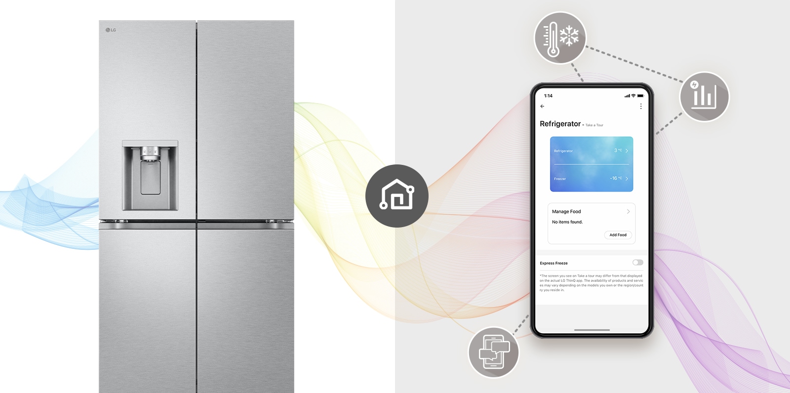 Tento obrázok ukazuje mobilnú chladničku a mobilný telefón s obrazovkou ThinQ aplikácie. Okolo mobilného telefónu sú zobrazené ikony, ktoré predstavujú funkcie ThinQ.