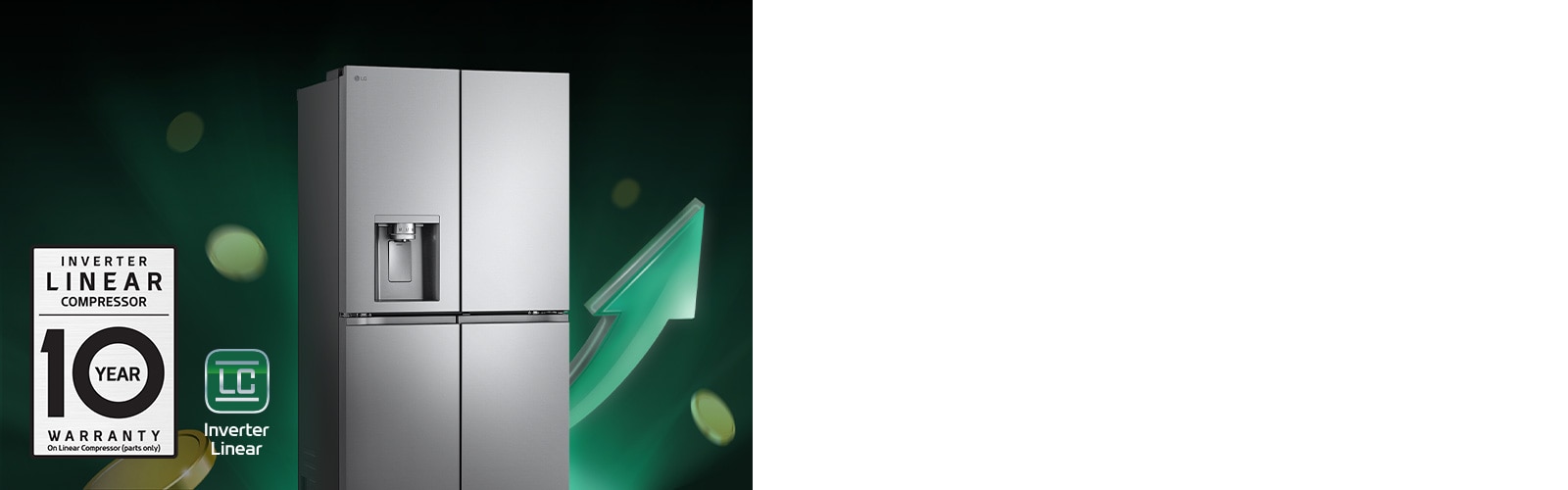 Obrázok chladničky s rastúcimi šípkami a mince zobrazujúce úsporu nákladov.