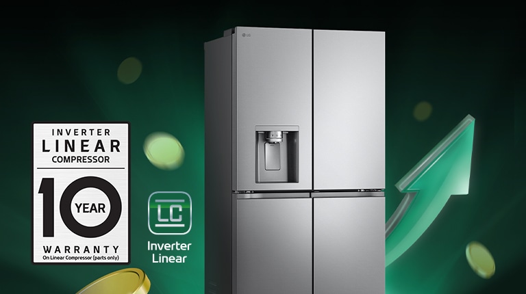 Obrázok chladničky s rastúcimi šípkami a mince zobrazujúce úsporu nákladov.