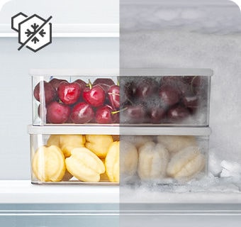 Porovnanie mrazených nádob na ovocie bez a s námrazou.