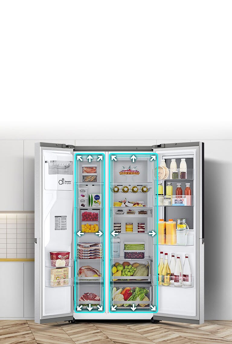 Video sa začína pohľadom spredu na chladničku s úplne otvorenými obidvomi dverami. Vnútorné priestory sú ohraničené neónovými čiarami. Šípky začnú čiary rozťahovať na znázornenie väčšieho priestoru vo vnútri. Neónový štvorec okolo vnútorných priestorov bliká. Znázorňuje rozdiel medzi novým priestorom a menším starým priestorom, ktorý už je ohraničený bodkovanou bielou čiarou.