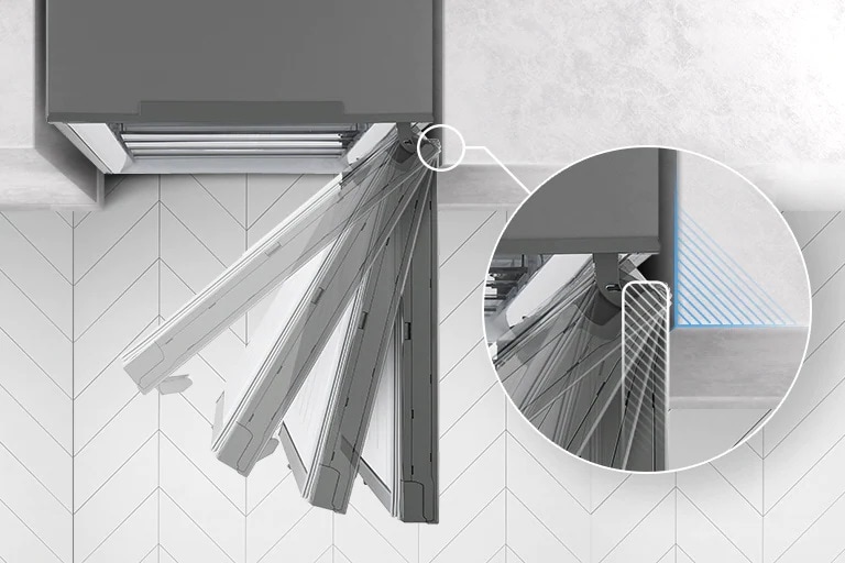 Pohľad zhora na chladničku s naznačeným otváraním dvierok v štyroch rôznych polohách a so zväčšením pántov s cieľom poukázať na skutočnosť, že pánt je zarovno so stenou skrinky a pri otváraní sa jej nedotýka.