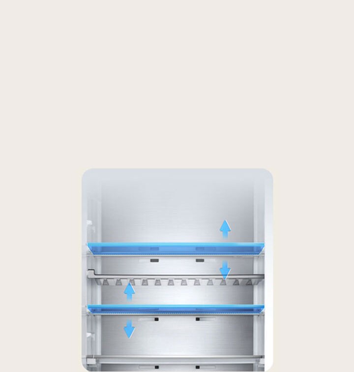 Chladnička LG (GBBW726CPY), pohľad na vnútorný priestor s piatimi policami a nastaviteľnými úrovňami, modré šípky indikujú vertikálny pohyb