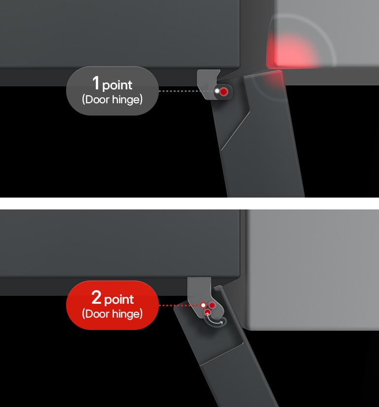 Chladnička s mrazničkou LG (GBBW726CPY), horný pohľad s rozdeleným obrázkom, vľavo s textom Bežný pánt naráža na stenu, vpravo s textom Pánty Zero Clearance sa voľne otvárajú