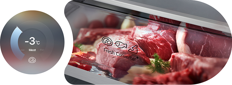 Chladnička so spodnou mrazničkou LG (GBBW726CPY), grafika s kruhovým grafom zobrazujúcim -3 °C vľavo a čerstvým mäsom uloženým v boxe Fresh Converter vpravo