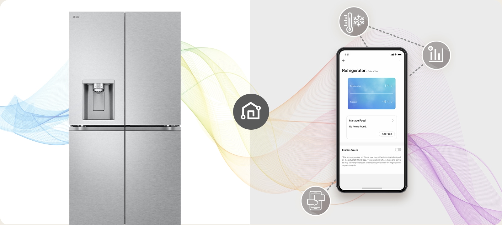 Tento obrázok ukazuje mobilnú chladničku a mobilný telefón s obrazovkou ThinQ aplikácie. Okolo mobilného telefónu sú zobrazené ikony, ktoré predstavujú funkcie ThinQ.
