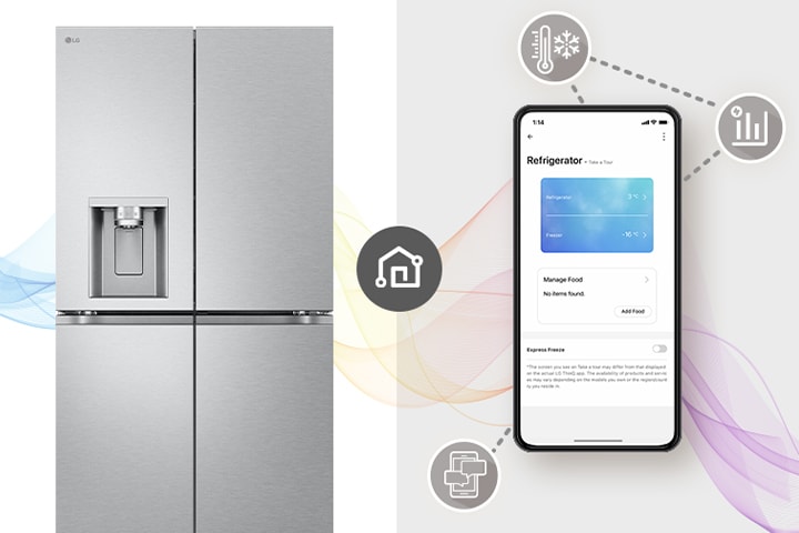 Tento obrázok ukazuje mobilnú chladničku a mobilný telefón s obrazovkou ThinQ aplikácie. Okolo mobilného telefónu sú zobrazené ikony, ktoré predstavujú funkcie ThinQ.