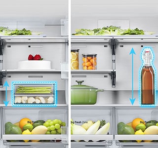 Vľavo bola vo vnútri chladničky rozprestretá polica a umiestnená nízka nádoba na potraviny a vpravo bola polica v rovnakej polohe zložená a umiestnená vysoká fľaša.