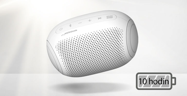 LG XBOOM Go naklonený doľava sa vznáša vo vzduchu.