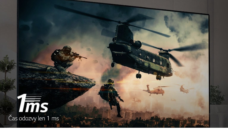 Televízna obrazovka zobrazujúca bojovú hru s ozbrojenými vojakmi a vrtuľníkmi lietajúcimi na oblohe.