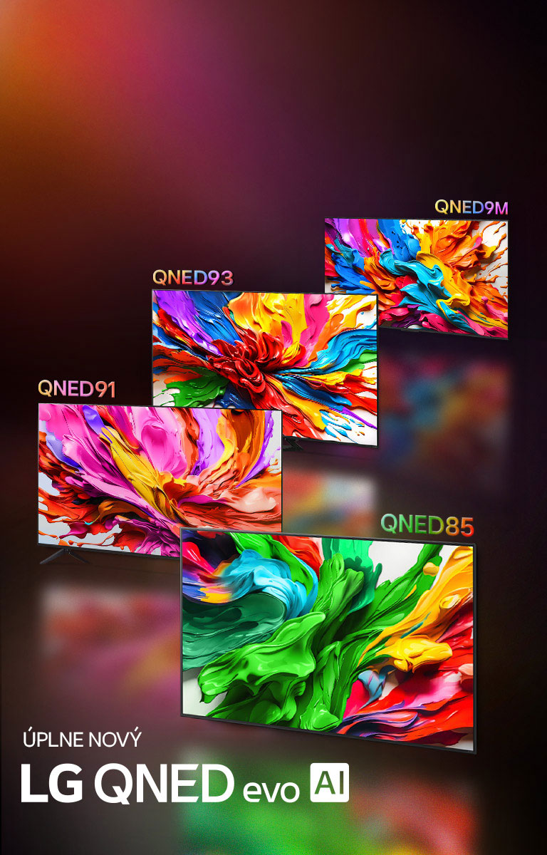 Televízory LG s farebnou predlohou, ktorá zvýrazňuje novú technológiu na reprodukciu živých a žiarivých farieb televízorov LG QNED, sú na ich obrazovkách. Je tiež prítomné logo ALL NEW LG QNED evo AI.