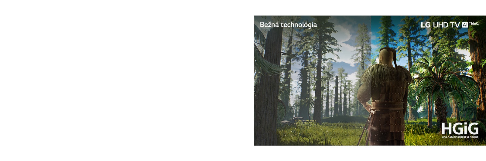 Obrazovka televízora, na ktorej je muž stojaci uprostred lesa. Polovica obrazu je zobrazená na bežnej obrazovke so slabšou kvalitou obrazu. Druhá polovica je zobrazená na obrazovke televízora LG UHD TV v ostrých a sýtych farbách.