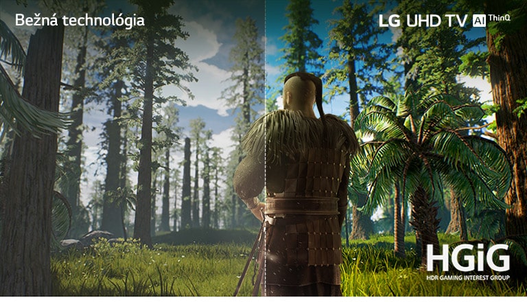 Obrazovka televízora, na ktorej je muž stojaci uprostred lesa. Polovica obrazu je zobrazená na bežnej obrazovke so slabšou kvalitou obrazu. Druhá polovica je zobrazená na obrazovke televízora LG UHD TV v ostrých a sýtych farbách.
