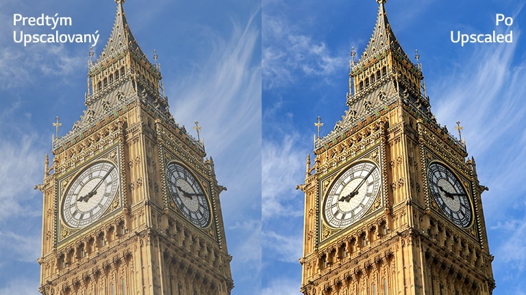 Slika Big Bena na desni z besedilom "After Upscaled" ima svetlejšo in jasnejšo sliko v primerjavi z isto sliko na levi z besedilom "Before Upscaled".