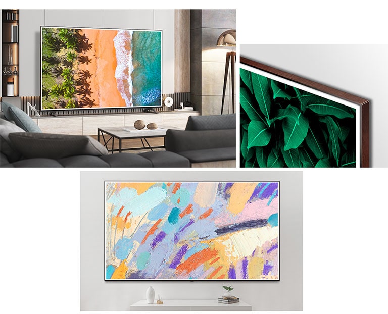 Tri obrázky nástenného televízora LG QNED Mini LED s rámikmi z ebenového dreva v elegantnom prírodnom interiéri.