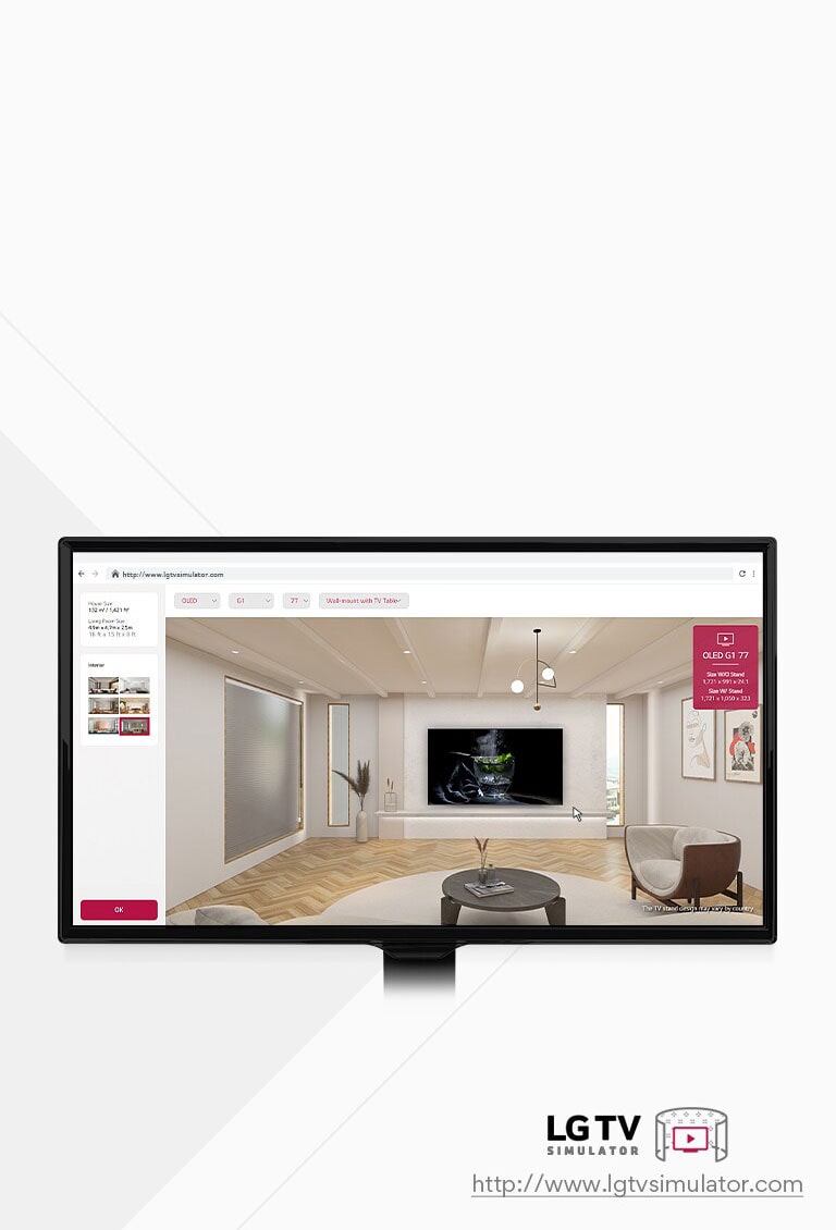 Toto je vysvetľujúci obrázok simulátora, ktorý umožňuje umiestniť všetky modely televízorov LG do virtuálneho priestoru.