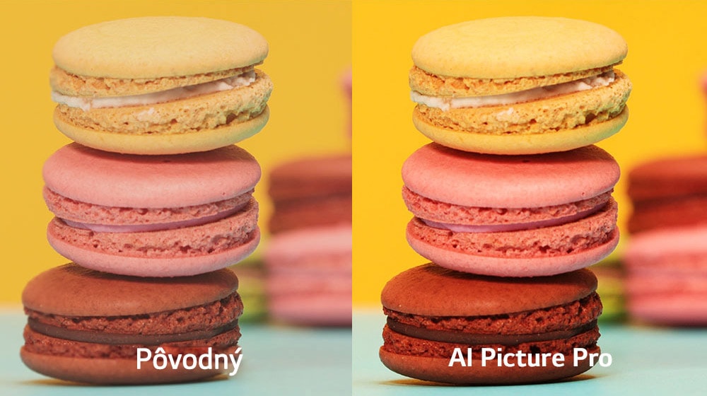 Obrazovka s jednou osvetlenou polovicoMuž ukladá makrónky na seba. Makrónky v popredí sú zvýraznené a záber na ne sa ešte intenzívnejšie zaostrí.u a druhou polovicou v tmavom prostredí zobrazuje záber na pestrofarebné makrónky. Na oboch stranách sa prispôsobí jas.