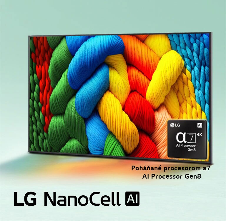 Televízor LG NanoCell TV je mierne naklonený doľava a zobrazuje farebné vlákna. Logo procesora alpha 7 AI Processor Gen 8 sa nachádza v pravom dolnom rohu obrazovky televízora. Pozadie tvorí svetlotyrkysový prechod. V ľavom dolnom rohu sa nachádza Logo LG NanoCell AI. Viditeľný je aj text „poháňané procesorom alpha 7 AI Processor Gen8“.