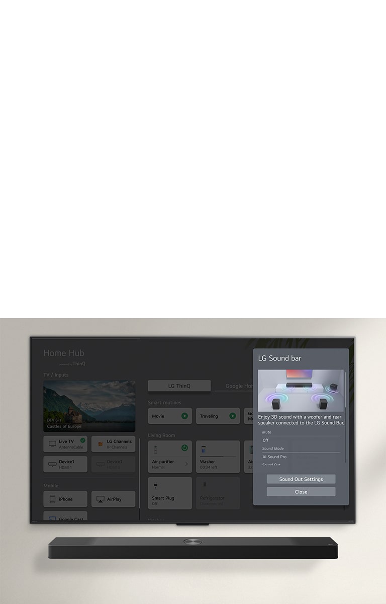 Pod televízorom LG NanoCell TV je umiestnený soundbar LG Soundbar. Na obrazovke televízora sa zobrazuje používateľské rozhranie na ovládanie hlasitosti soundbaru a televízora. 