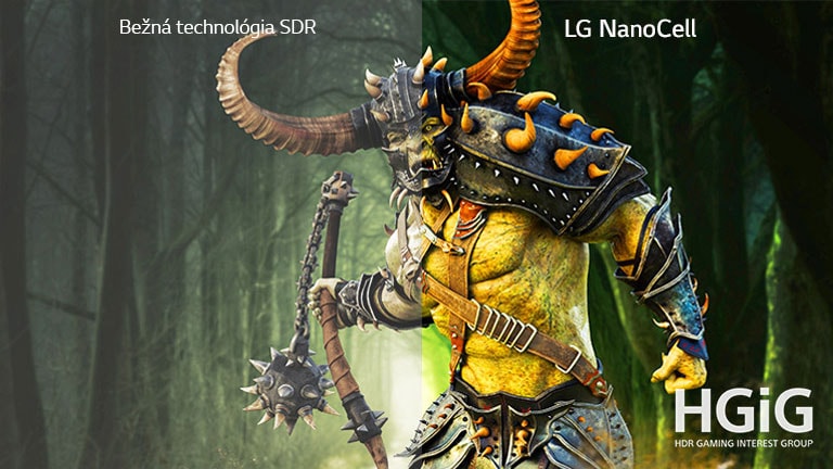 Scéna z hry s netvorom zobrazená na bežnom televízore, druhá polovica sa zobrazuje na televízore LG NanoCell TV.