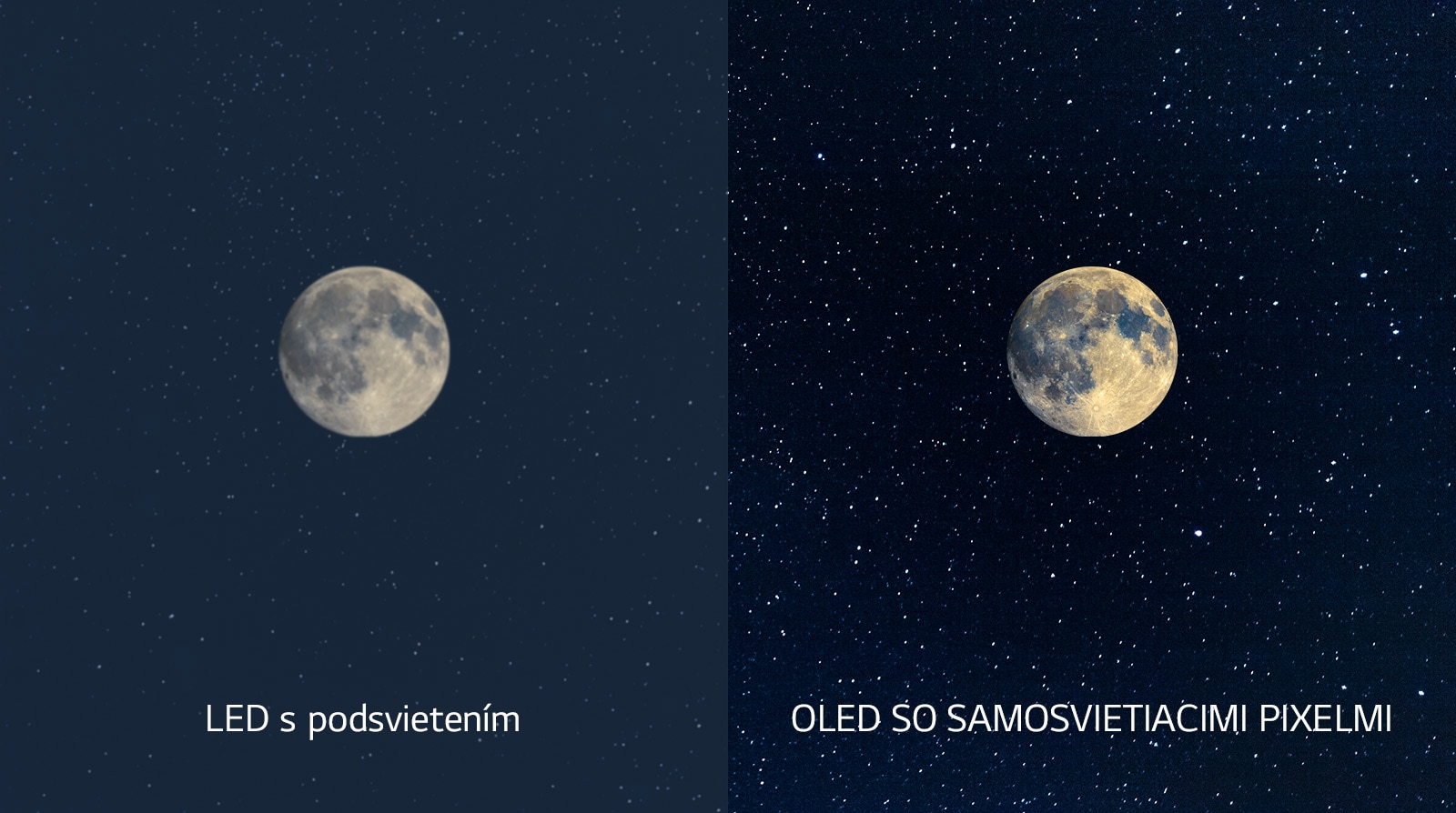 Záber na Mesiac – na ľavej strane technológia LED s nejasnou čiernou, na pravej strane technológia OLED s dokonalou čiernou (prehrať video)