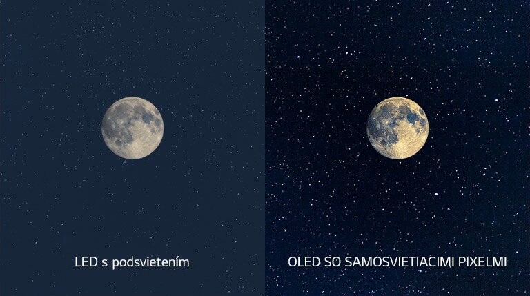 Záber na Mesiac – na ľavej strane technológia LED s nejasnou čiernou, na pravej strane technológia OLED s dokonalou čiernou (prehrať video)