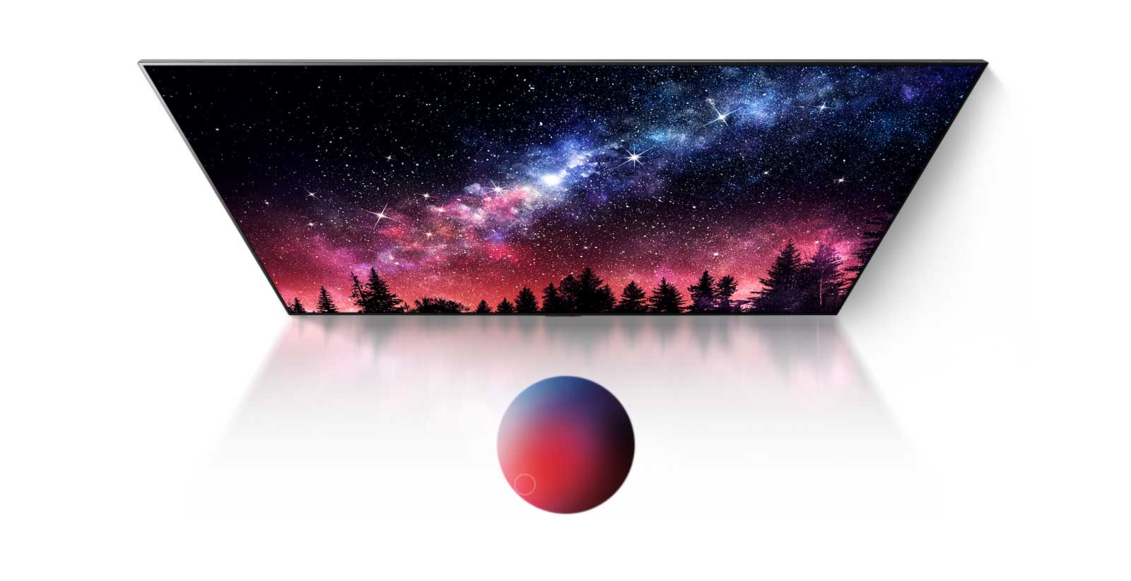 Obrazovka televízora so zobrazením Mliečnej cesty, modrej oblohy a explózie farebného prachu v špičkovej kvalite (prehrať video)