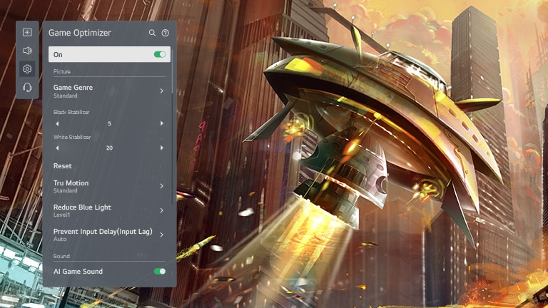 Obrazovka televízora so zobrazením vesmírnej lode, ktorá strieľa v meste. Naľavo sa nachádza grafické používateľské rozhranie optimalizácie hier v modeloch LG OLED, ktoré upravuje nastavenie hry.
