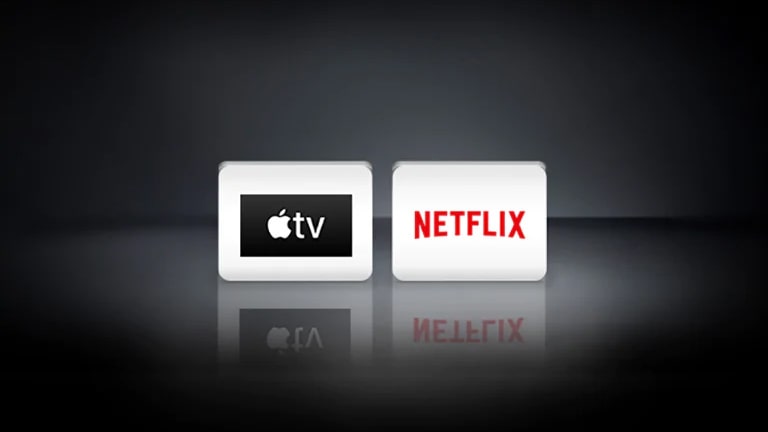 Logo LG Channels, logo Netflix, logo Disney+ a logo Apple TV sú vodorovne usporiadané na čiernom pozadí.