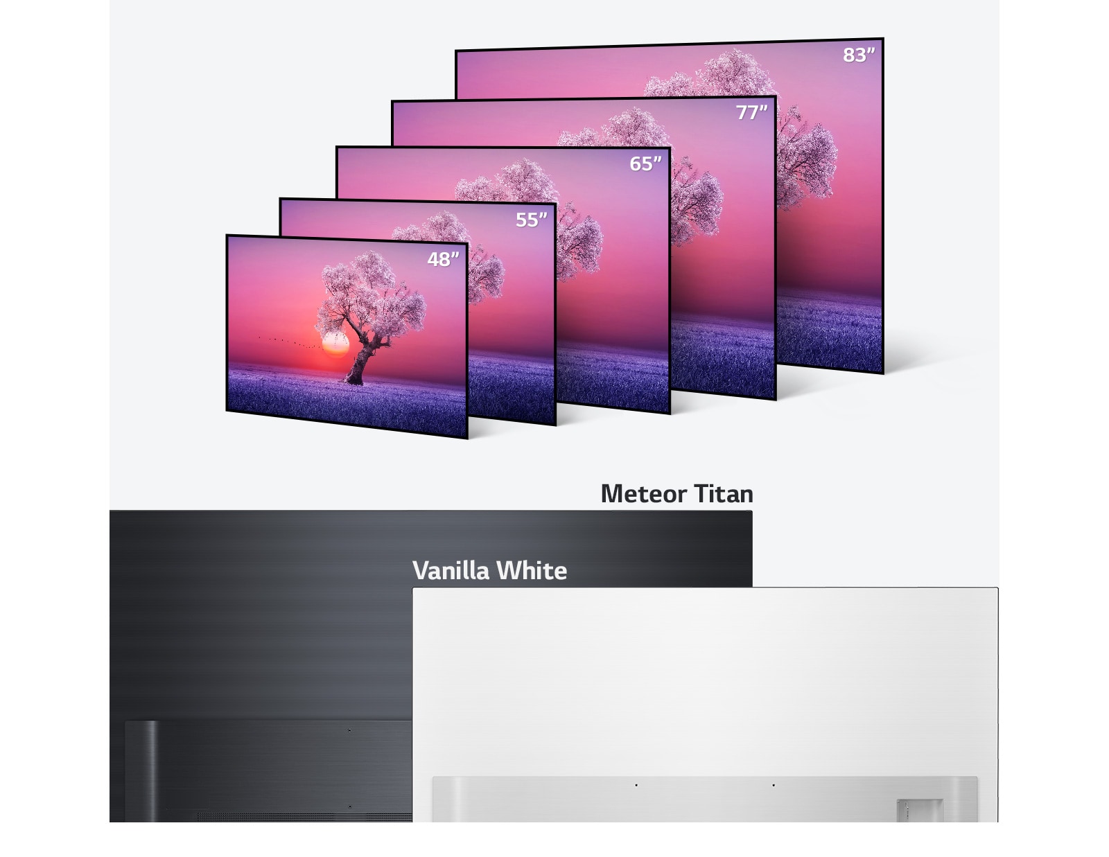 Produktová rada LG OLED TV v rôznych veľkostiach od 48 palcov do 83 palcov a vo farbách svetlo čiernej a vanilkovej bielej