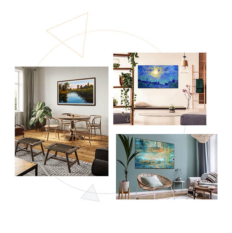 Tri televízory Gallery Design TV so stojanom, ktoré kdekoľvek pôsobia ako umelecké diela