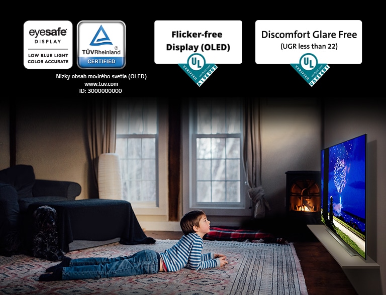 Toto je karta popisujúca„ „Eye Comfort Display“ “. Toto je scéna chlapca, ktorý sleduje televízor v polohe na bruchu. Pre certifikáciu " Eye Comfort Display "boli umiestnené štyri logá.