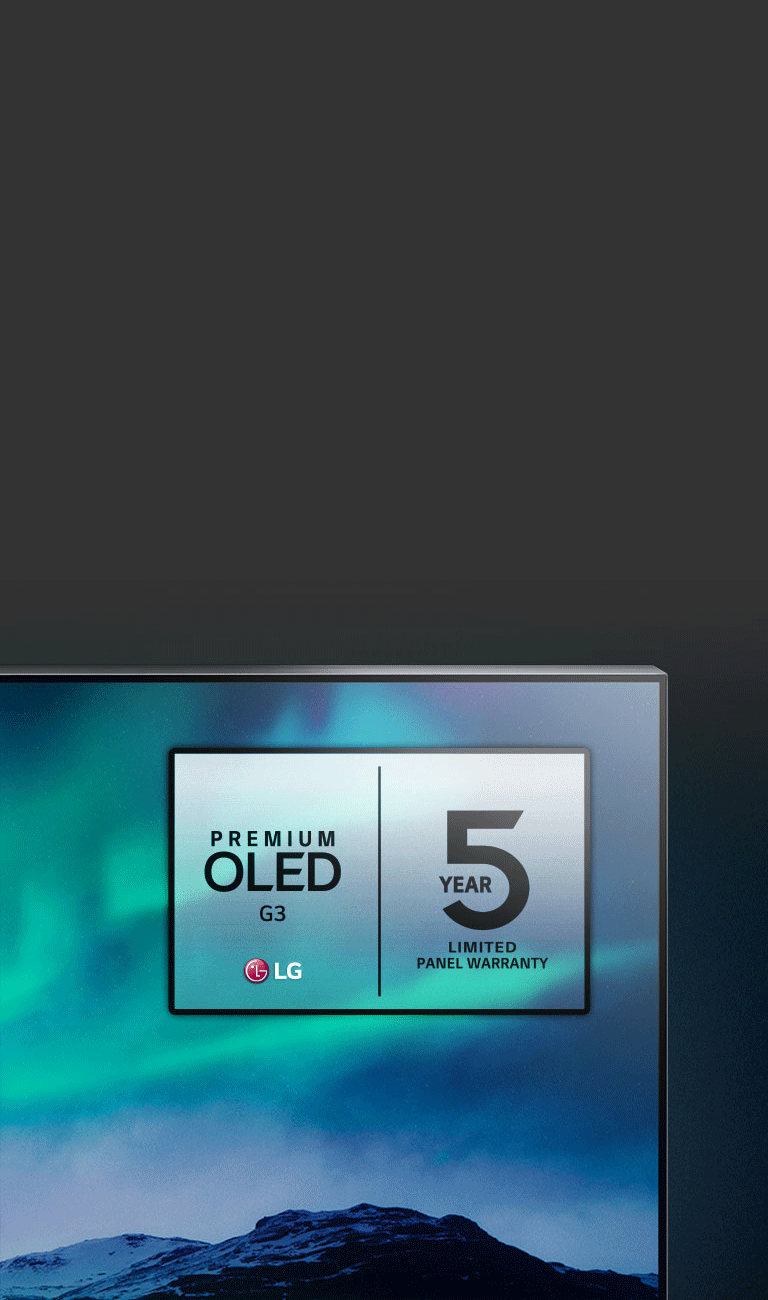Na televízore LG OLED TV sa zobrazuje obrázok severnej polárnej žiary. Horný okraj televízora sa zobrazuje na čiernom pozadí, kde pokračuje prechod pripomínajúci oblohu. Na obrazovke televízora sa zobrazuje aj logo 5-ročnej záruky na panel.