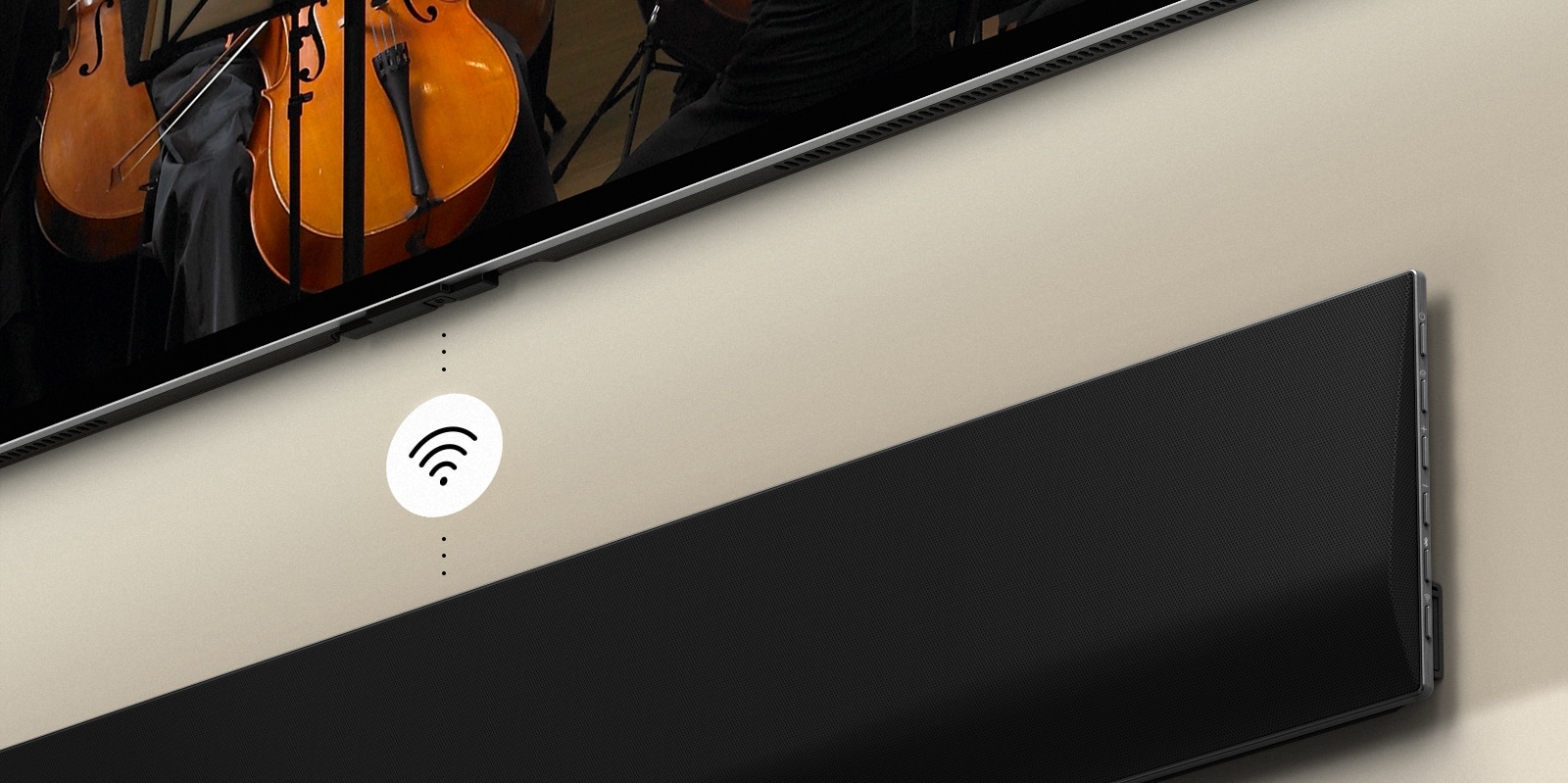 LG OLED TV TV a Soundbar namontované na stene s bielym grafickým symbolom Wi-Fi uprostred.
