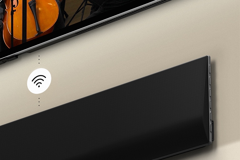 LG OLED TV TV a Soundbar namontované na stene s bielym grafickým symbolom Wi-Fi uprostred.