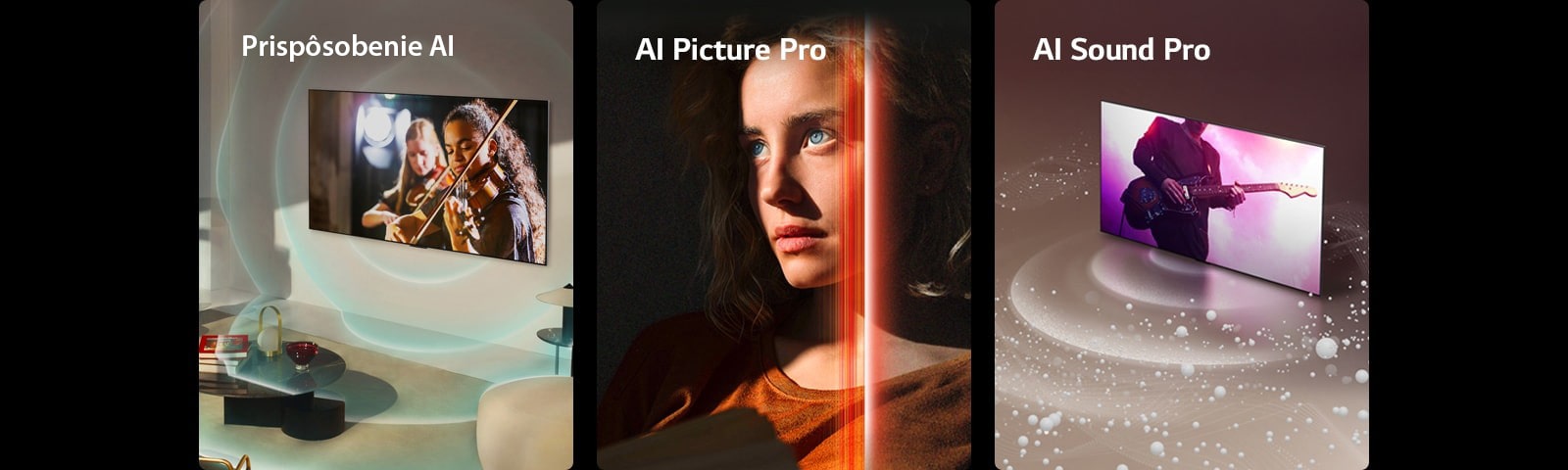 LG OLED TV v modernom obytnom priestore zobrazuje na obrazovke hudobné predstavenie.Televízor a priestor obklopujú modré kruhové vlny, ktoré znázorňujú personalizáciu.  Žena s prenikavými modrými očami a topom v spálenej oranžovej farbe v tmavom priestore.Červené čiary, ktoré vyjadrujú vylepšenia pomocou umelej inteligencie, pokrývajú časť jej tváre, ktorá je jasná a detailná, zatiaľ čo zvyšok obrazu pôsobí matne.  LG OLED TV so zobrazením zvukových bublín a vĺn, ktoré vychádzajú z obrazovky a vypĺňajú priestor.