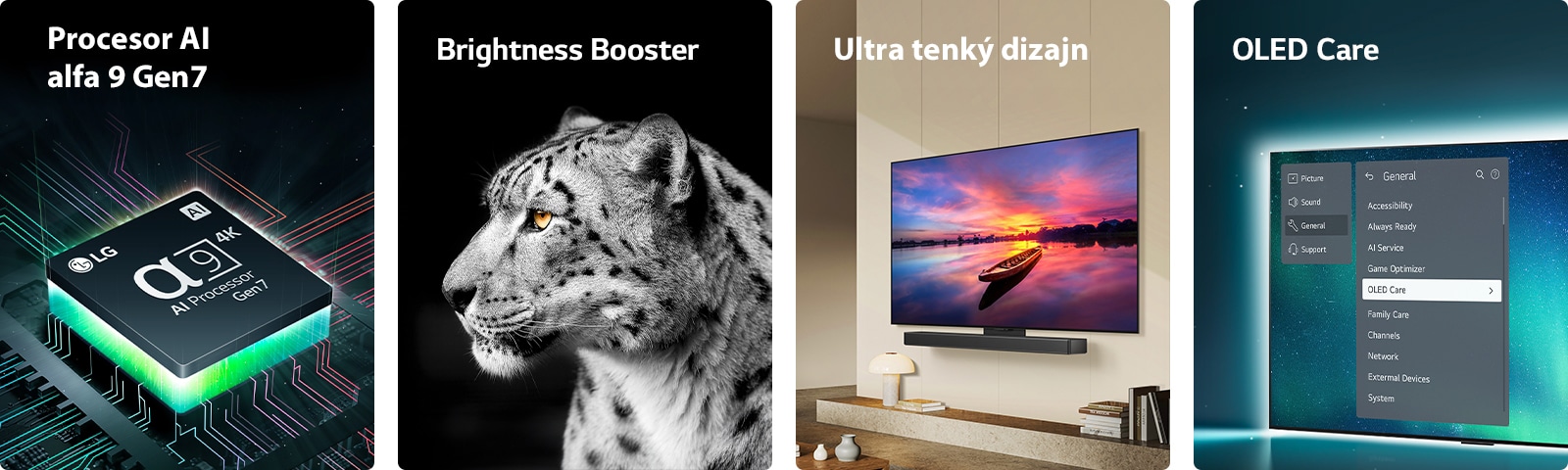 Procesor LG alpha 8 AI na základnej doske, ktorý vyžaruje oranžové svetelné lúče.  Televízor OLED s ponukou OLED Care je vybraný v ponuke podpory zobrazenej na obrazovke.  Štíhly dizajn v bočnom pohľade na televízor umiestnený rovno pri stene v modernom obytnom priestore.