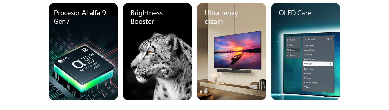 Procesor LG alpha 8 AI na základnej doske, ktorý vyžaruje oranžové svetelné lúče.  Televízor OLED s ponukou OLED Care je vybraný v ponuke podpory zobrazenej na obrazovke.  Štíhly dizajn v bočnom pohľade na televízor umiestnený rovno pri stene v modernom obytnom priestore.