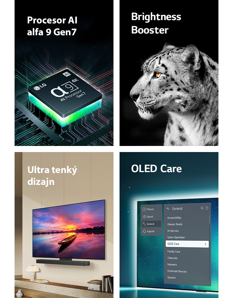 Procesor LG alpha 8 AI na základnej doske, ktorý vyžaruje oranžové svetelné lúče.  Televízor OLED s ponukou OLED Care je vybraný v ponuke podpory zobrazenej na obrazovke.  Štíhly dizajn v bočnom pohľade na televízor umiestnený rovno pri stene v modernom obytnom priestore.