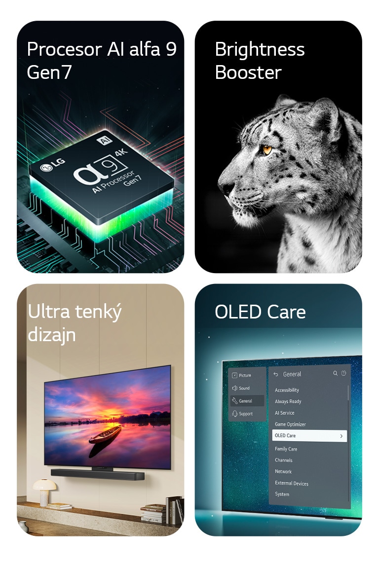 Procesor LG alpha 8 AI na základnej doske, ktorý vyžaruje oranžové svetelné lúče.  Televízor OLED s ponukou OLED Care je vybraný v ponuke podpory zobrazenej na obrazovke.  Štíhly dizajn v bočnom pohľade na televízor umiestnený rovno pri stene v modernom obytnom priestore.