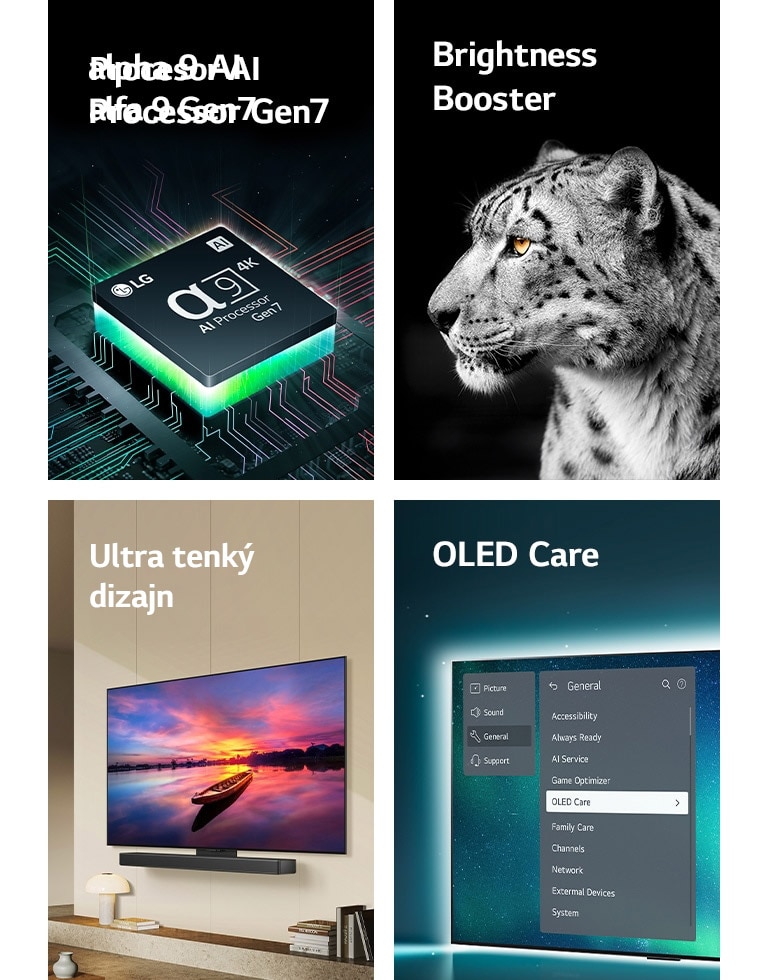 Procesor LG alpha 9 AI Gen7 na základnej doske, ktorý vyžaruje zelené svetelné lúče. Brightness Booster s bočným obrázkom bieleho leoparda. Ultra tenký televízor pripravený na použitie so zvukovým panelom LG je položený na stene v modernom obytnom priestore. Televízor OLED s ponukou OLED Care je vybraný v ponuke podpory zobrazenej na obrazovke.